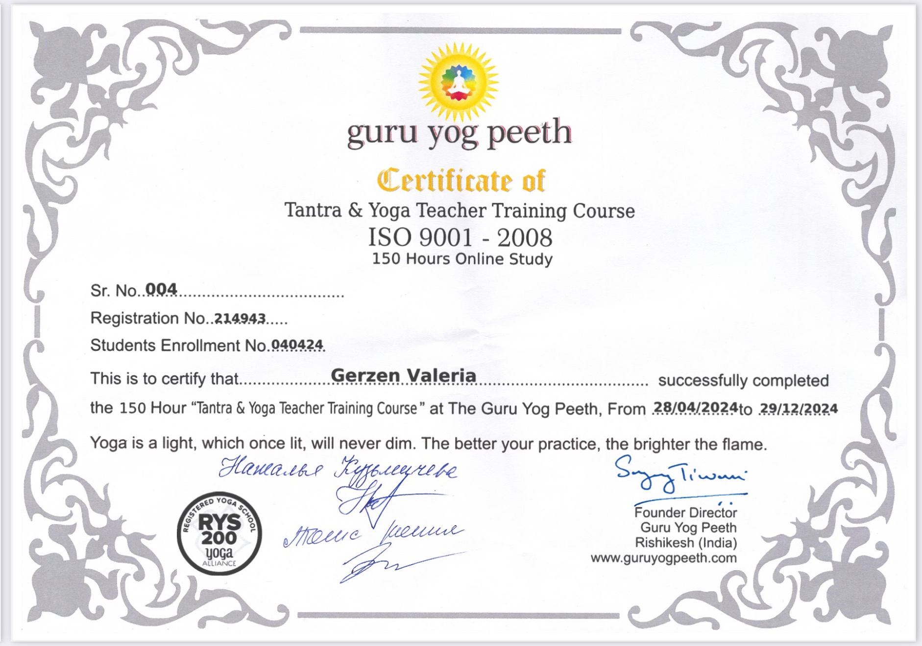 Yoga Alliance RYS 200 Zertifikat — Tantra & Yoga Teacher Training